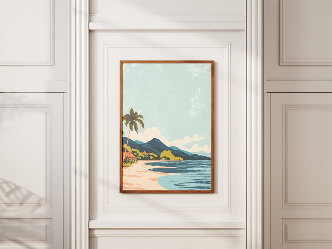 Tropical Island Beach with Huts and Mountains Vintage Poster - Image 2
