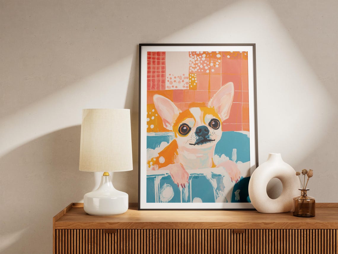 Adorable Chihuahua Puppy Taking A Bubble Bath In Blue Tub Poster - Image 4