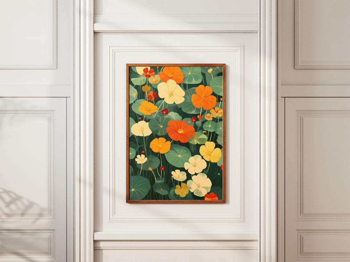 Summer Nasturtium Garden Bright Orange and Cream Floral Wall Art - Image 2