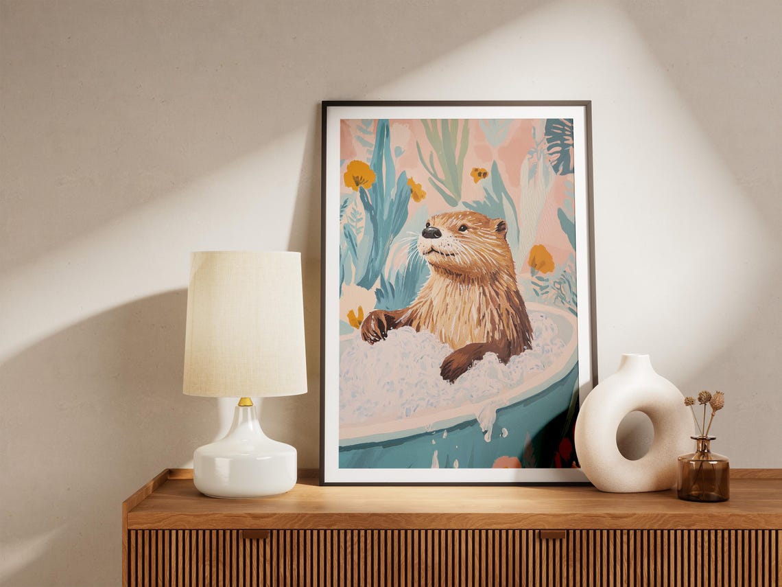 Otter Relaxing in Bubble Bath Floral Teal Tub Bathroom Poster - Image 5