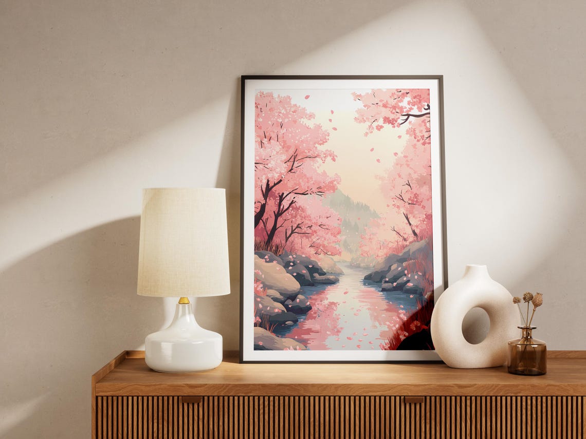 Pink Cherry Blossom River Flowing Through Spring Forest Poster - Image 4