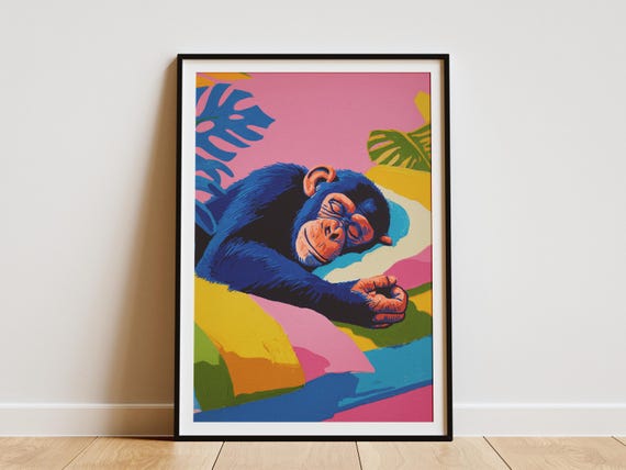 Vibrant Chimpanzee Sleeping Art Print Matisse Style Colorful Animal Wall Decor Modern Primate Jungle Home Bedroom Gallery