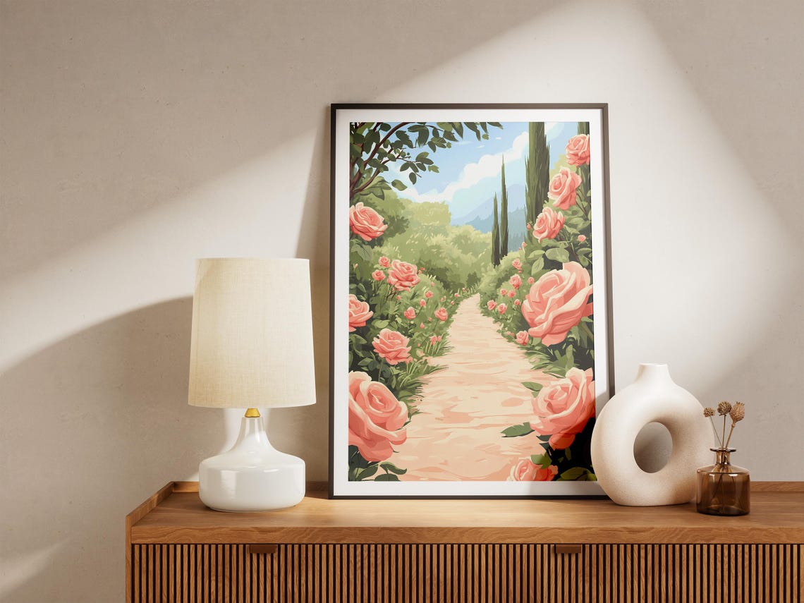 Pink Rose Garden Pathway With Cypress Trees Italian Garden Poster - Image 5