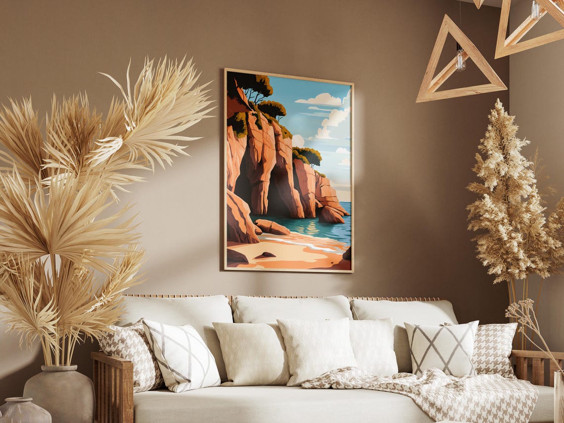 Sea Cave Red Rock Cliffs Coastal Beach Summer Illustration Poster - Image 3