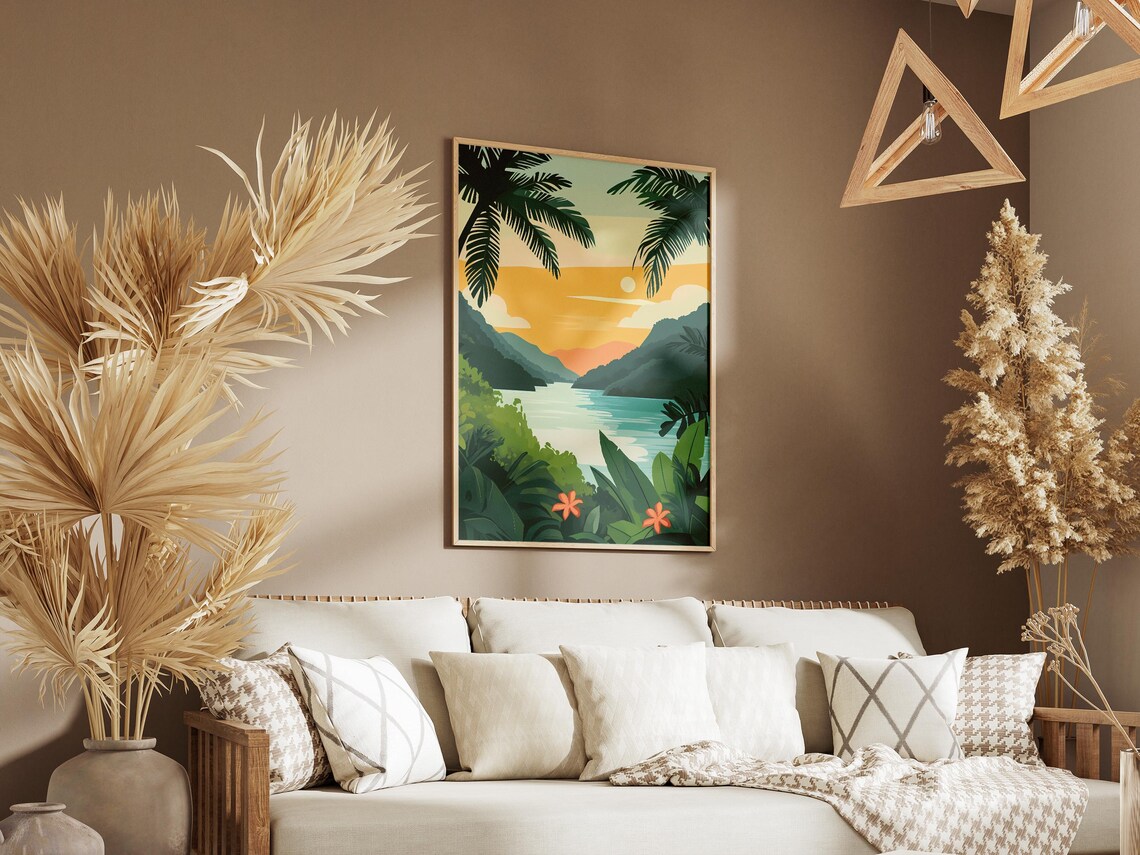 Costa Rica Tropical Jungle Lagoon Sunset Palm Fronds Art Poster - Image 3
