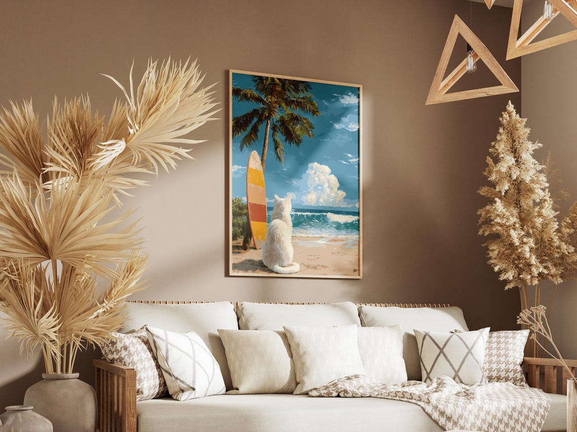Dreamy White Cat Beach Surfboard Palm Tree Ocean Gaze Poster - Image 3