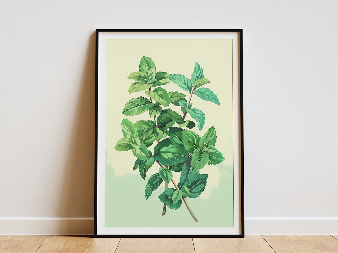 Botanical Print Green Minimalist Poster, Mint Plant