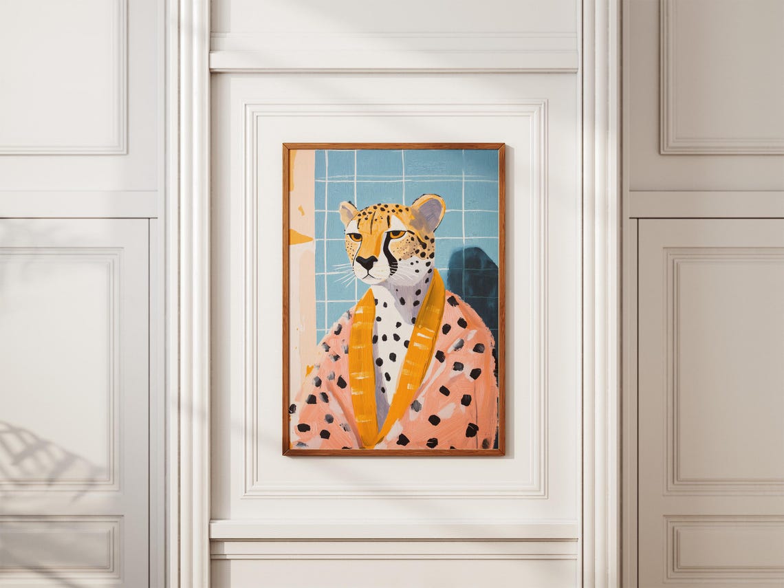 Cheetah in Coral Bathrobe Blue Tile Bathroom Whimsical Animal Poster - Image 2