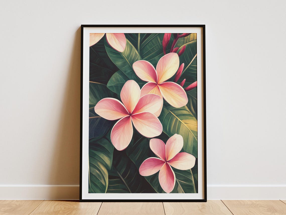 Pink Frangipani Blossoms On Dark Green Tropical Leaves Poster