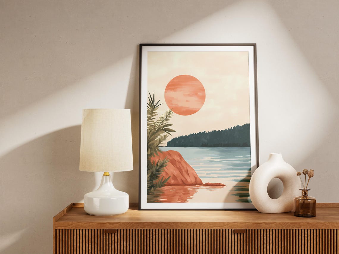 Orange Sun Over Calm Lake Palm Branch Red Rock Minimalist Poster - Image 5