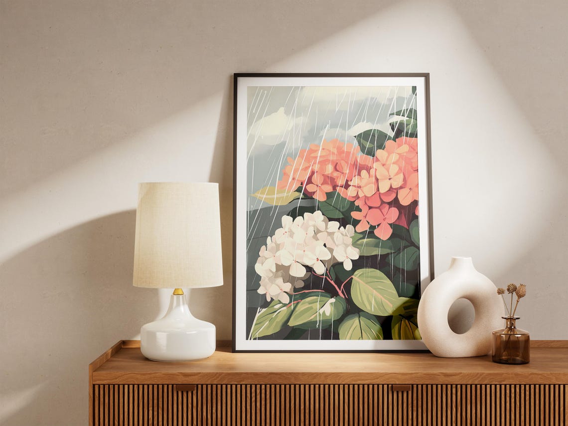 White and Peach Hydrangea Blooms in Slanting Rain Art Poster - Image 5