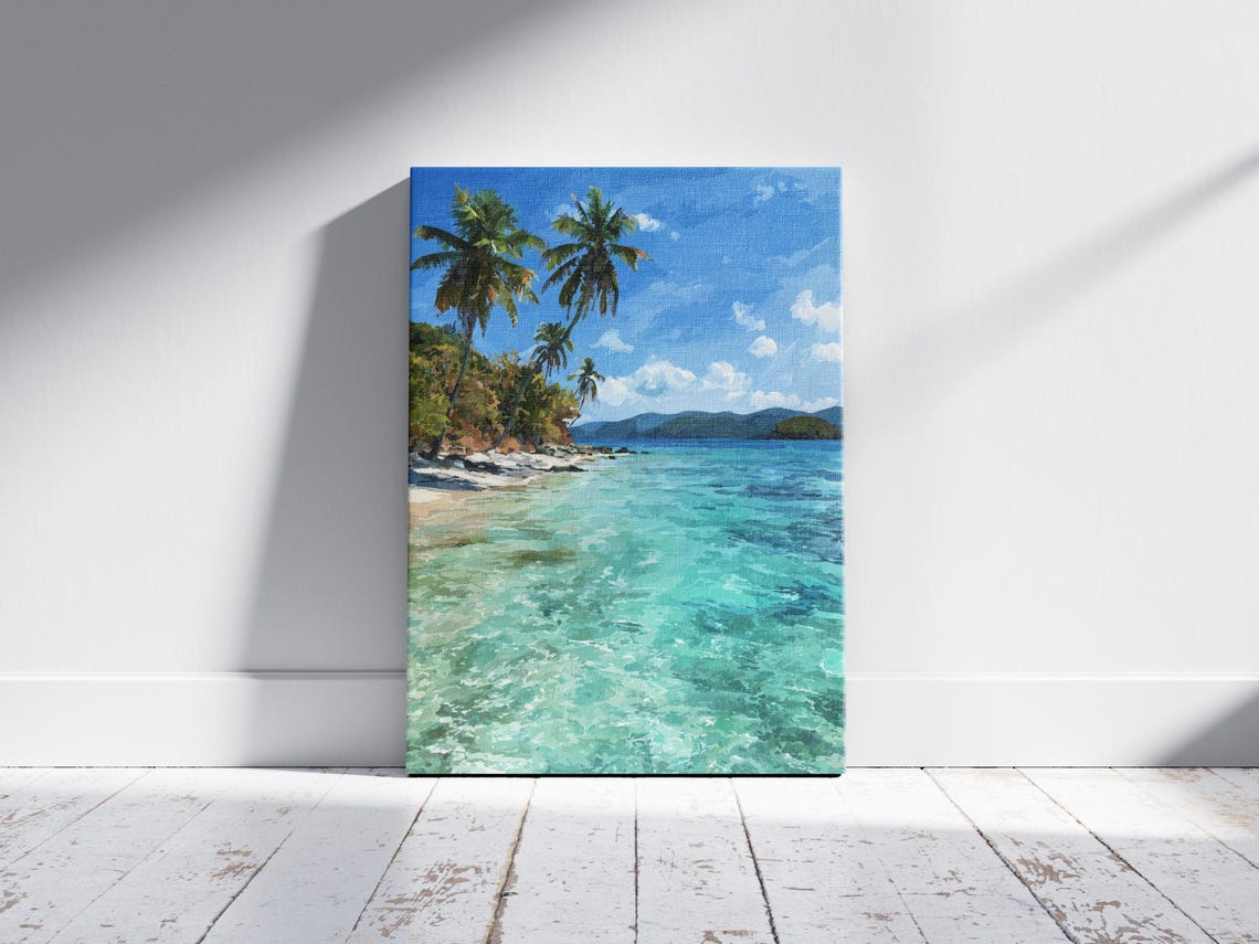 Tropical Turquoise Beach Palm Trees Vintage Style Island Art Poster - Image 2