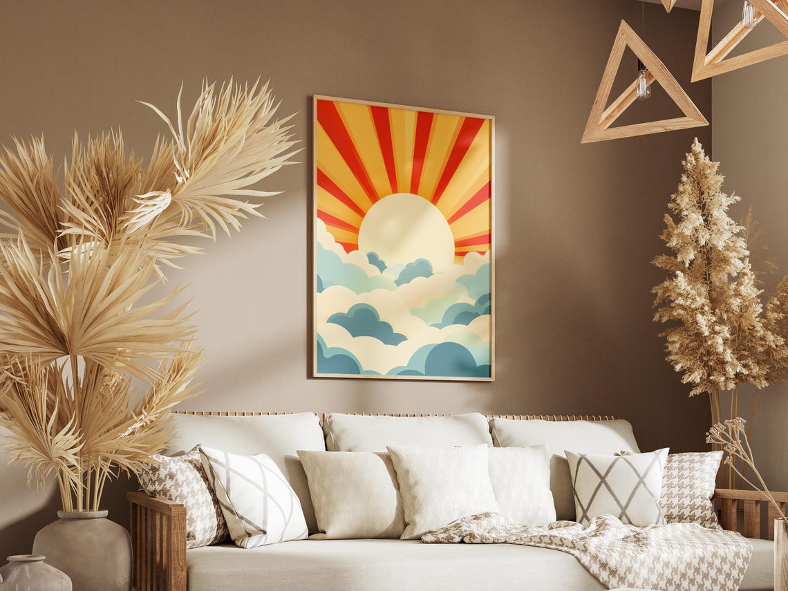 Retro Sunburst Sunrise Rising Over Layered Blue Clouds Poster - Image 3