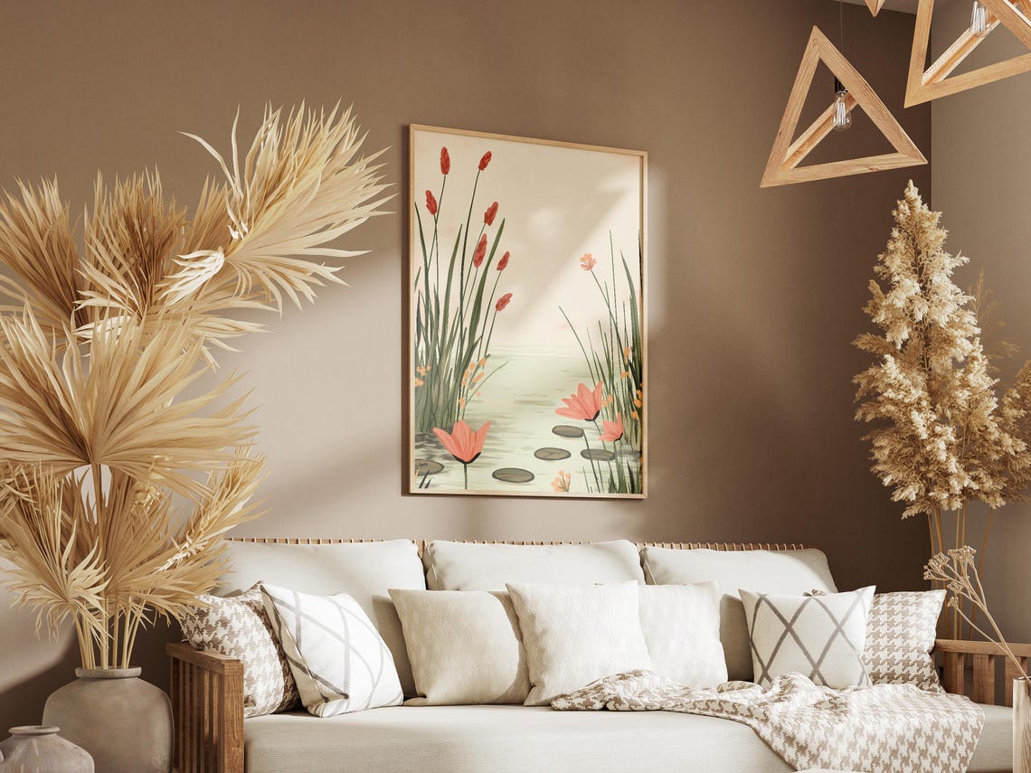 Pink Water Lilies and Cattails Serene Pond Botanical Art Poster - Image 3