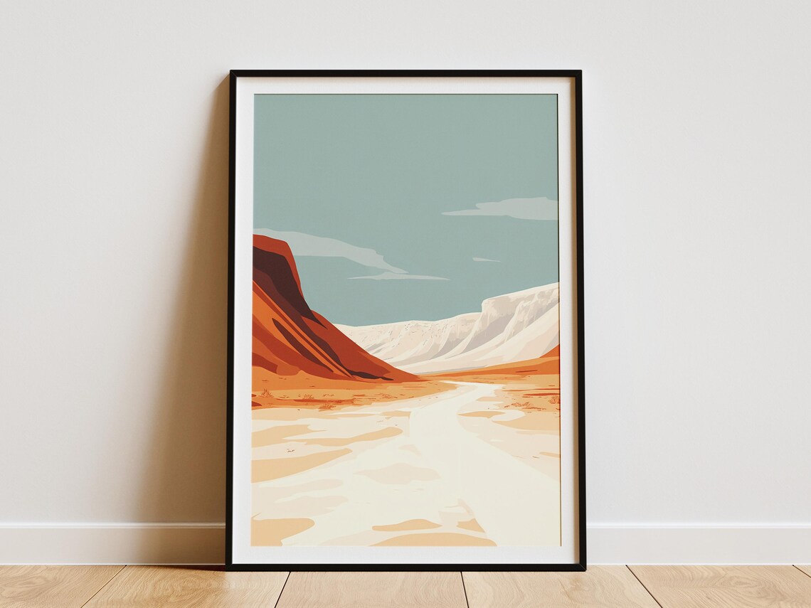 White Desert Valley with Red Rock Slopes Minimalist Poster Scenic