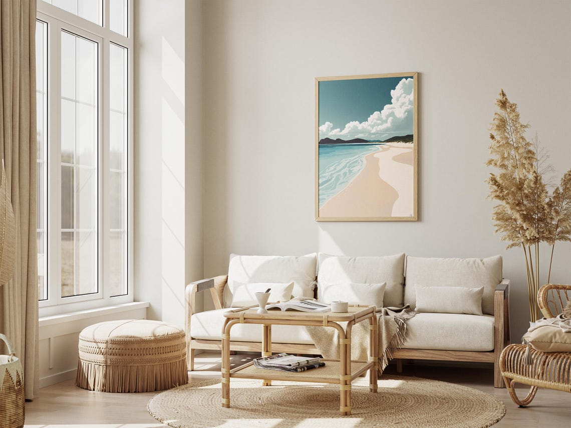 White Sand Beach with Billowing Clouds Coastal Art Poster Scenic - Image 4