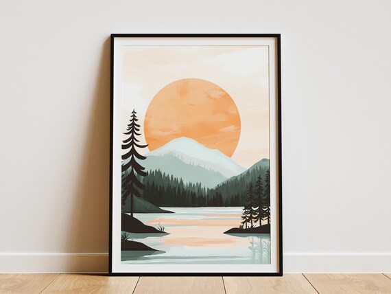 Lake Poster Mountain Lake Art Print Peaceful Nature Scene Modern Minimalist Landscape Calm Forest Serene Wall Decor Abstract Lake Poster