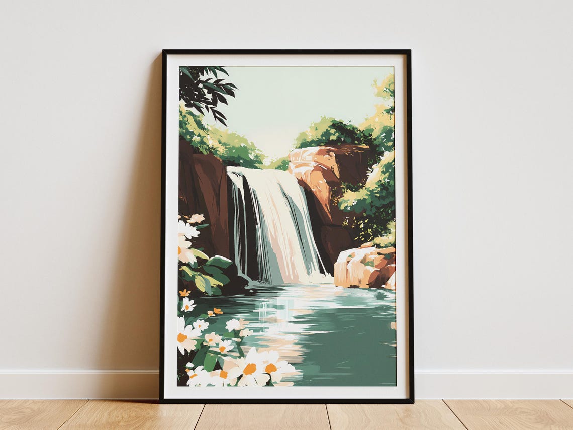 Waterfall Between Red Cliffs with White Daisies and Lagoon Poster