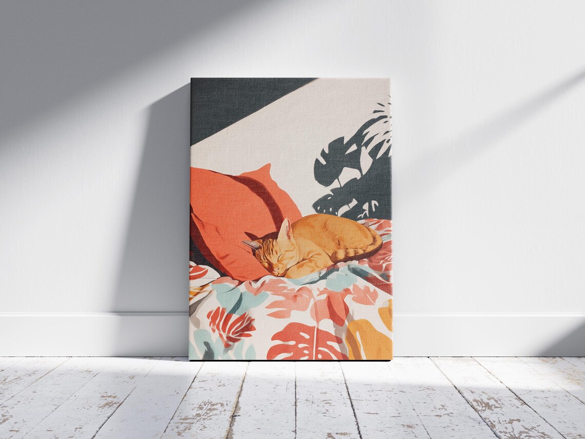 Orange Tabby Cat Sleeping on Tropical Bedding in a Sunlit Room Art Poster - Image 2