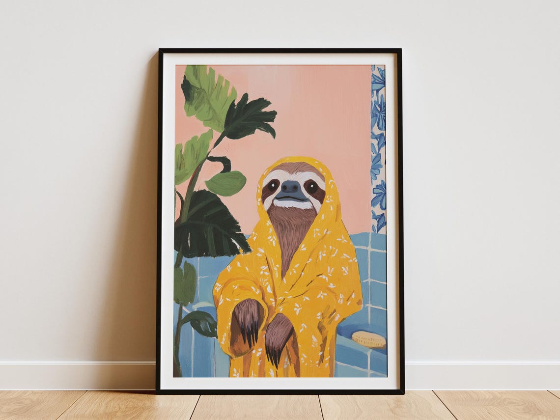 Sloth in Yellow Floral Bathrobe Tropical Bathroom Humor Poster
