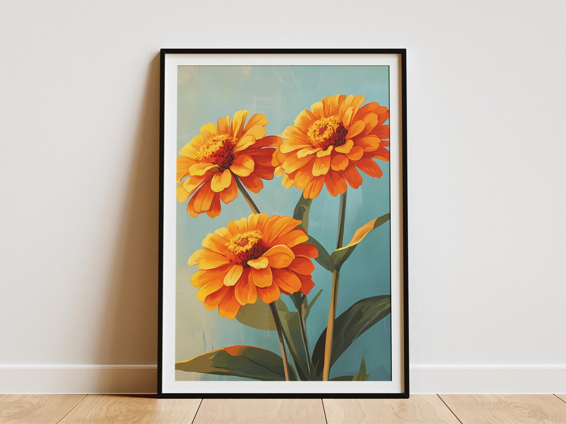 Bold Orange Zinnia Trio On Teal Background Modern Floral Poster