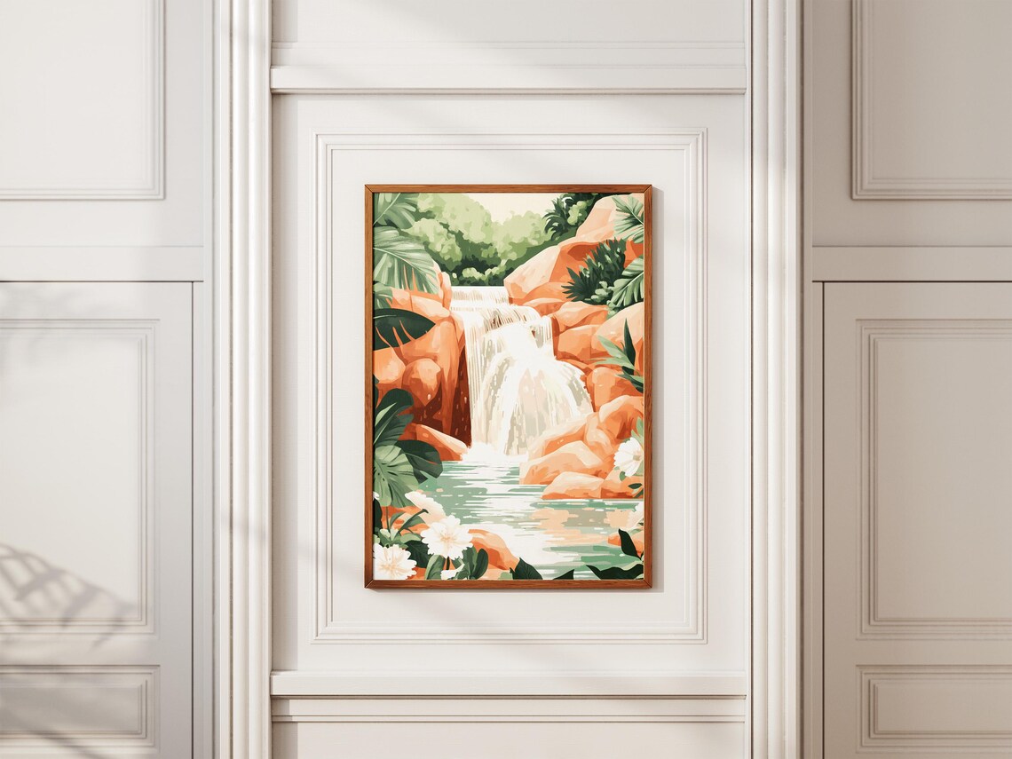Waterfall In Forest Green Posternature Art Printhidden Waterfallforest Scenebotanical Printtropical Posterjungle Posterwatercolor - Image 2