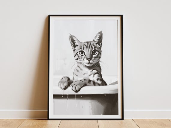 Savannah Cat White Bathtub Bubble Bath Poster Print Whimsical Art Bathroom Wall Decor Cute Animal Illustration Modern Home