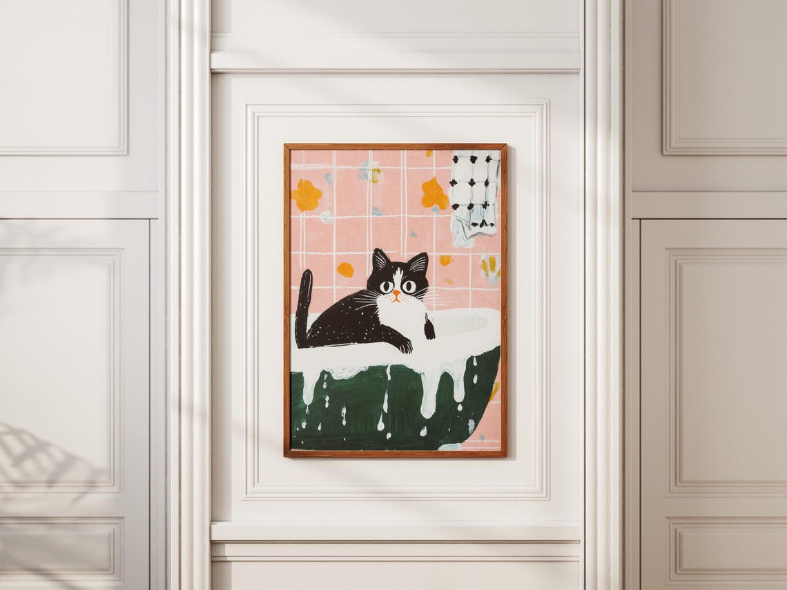 Cute Cat In Bubbly Bath Poster, Funny Pet Art - Image 2