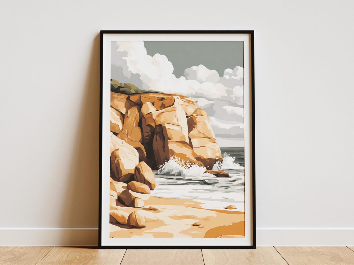 Golden Sandstone Sea Cliff Wave Crash Cloudy Sky Coastal Poster