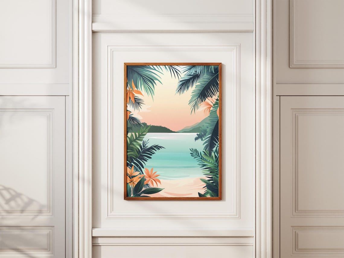 Tropical Sunset Bay Palm Fronds Pink Sky Ocean Illustration Poster - Image 2