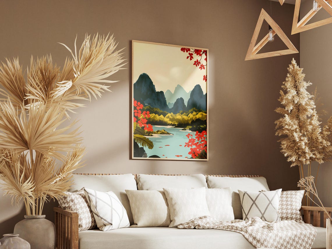Yangshuo China Karst Mountains River Red Blossoms Travel Poster - Image 3