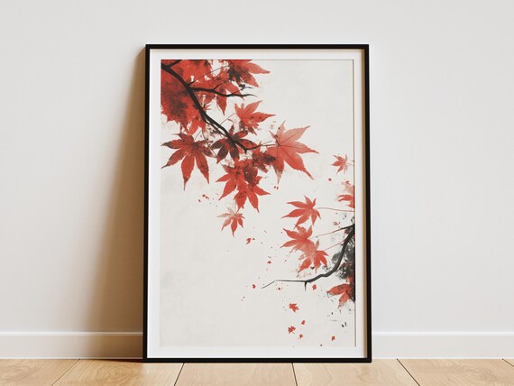 Japanese Maple Leaf Red Autumn Minimalist Ink Painting Art Poster