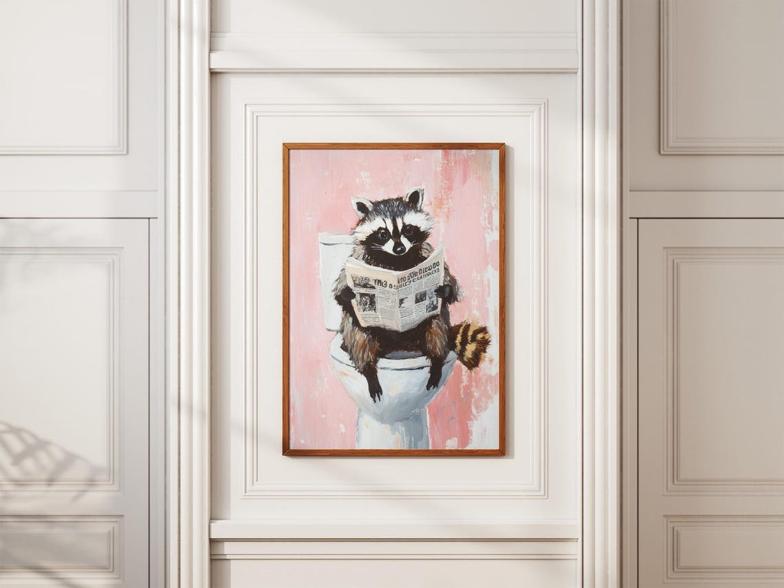 Funny Raccoon Reading Newspaper On Toilet Pink Bathroom Poster - Image 2