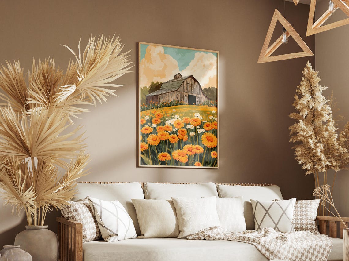 Rustic Barn Orange Marigold Daisy Field Summer Farm House Poster - Image 3