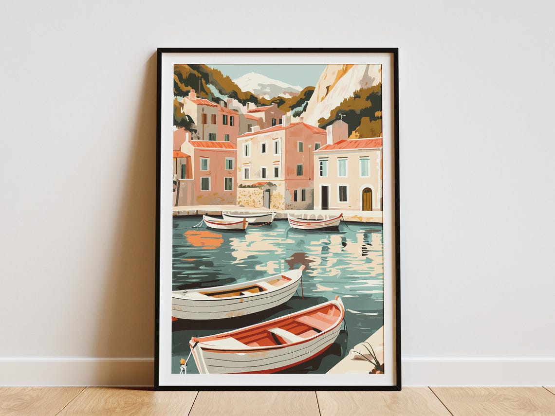 Mediterranean Harbor Village With Moored White Rowboats Poster