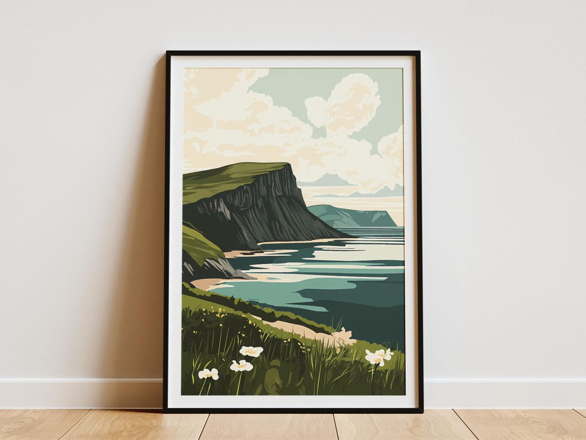 Dramatic Coastal Cliffs Over Turquoise Sea Vintage Travel Poster