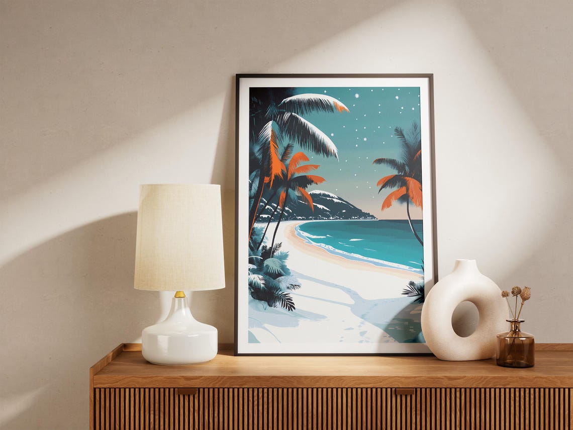 Tropical Winter Beach Snowy Palm Trees Turquoise Ocean Poster - Image 5