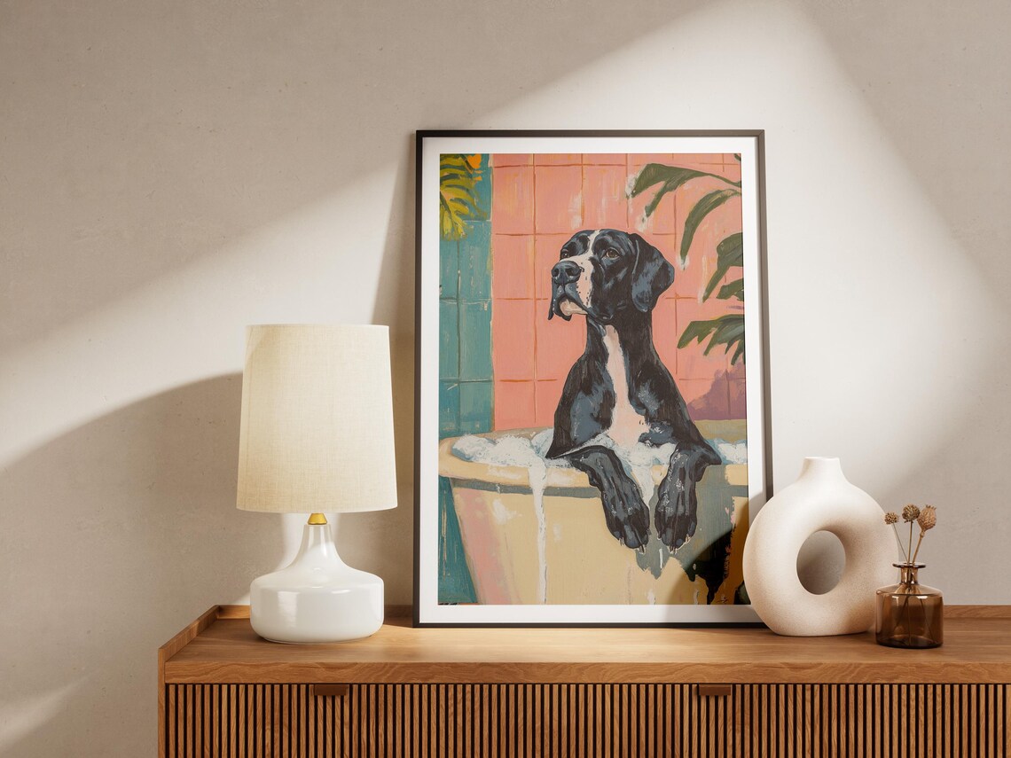 Black and White Great Dane in Foamy Tub Tropical Dog Art Poster - Image 4