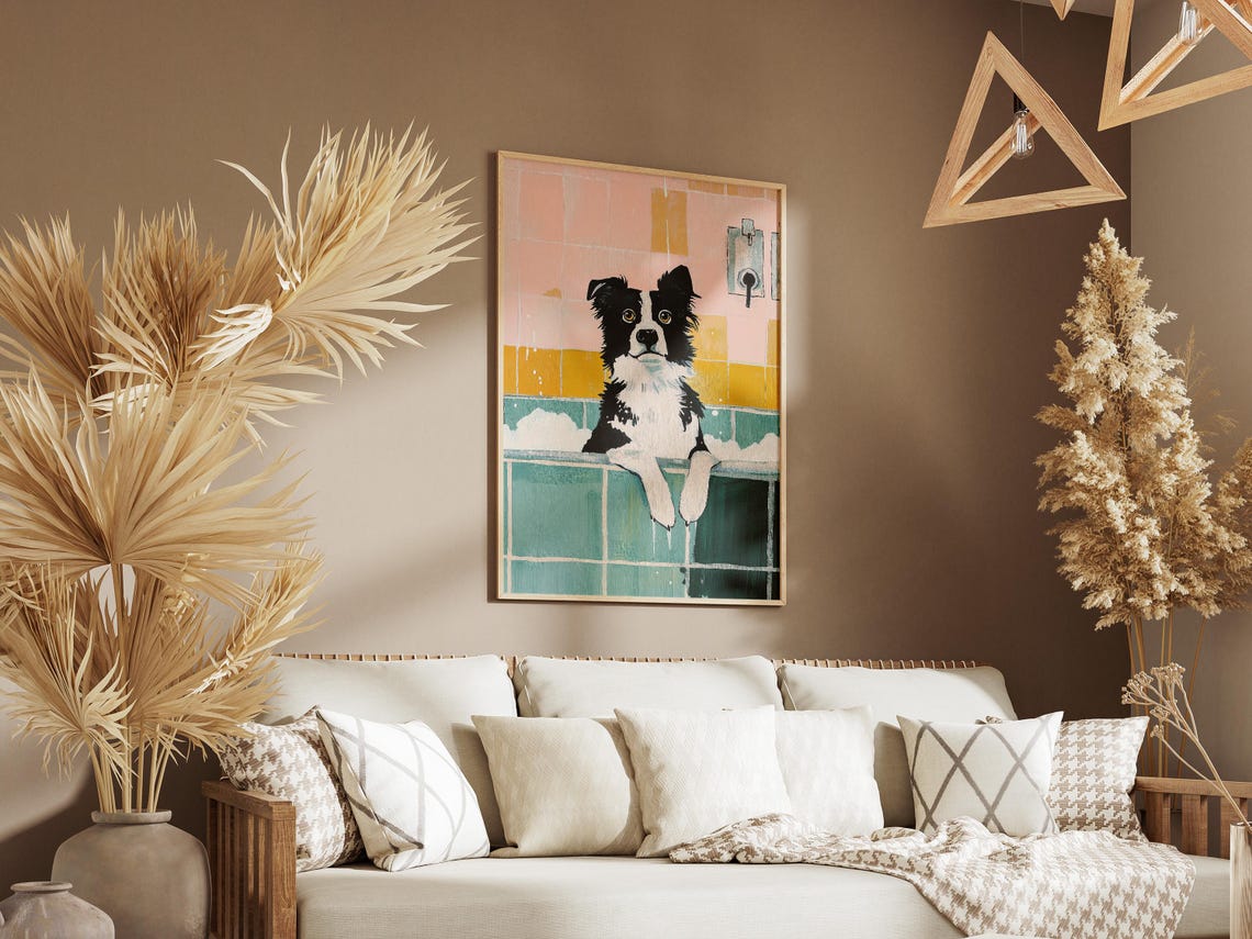 Wide-Eyed Border Collie Soaking in a Colorful Bubble Bath Poster - Image 3