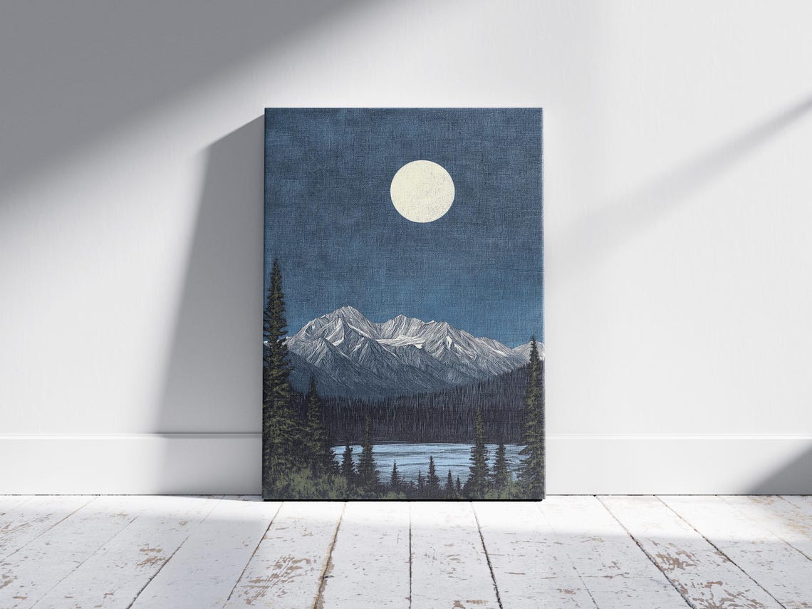 Denali National Park Alaska Full Moon Snowy Mountain Landscape Poster - Image 2