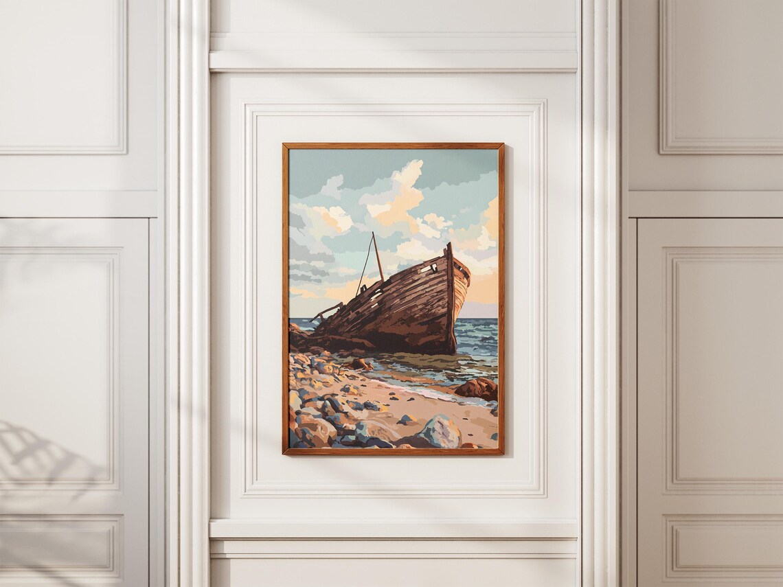 Beached Wooden Shipwreck on Rocky Shore Vintage Illustration Poster - Image 2