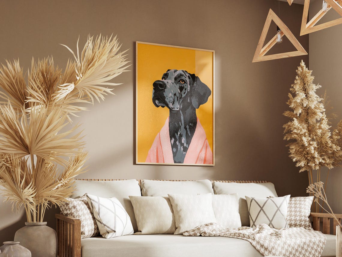 Noble Great Dane in Blush Pink Robe Mustard Yellow Dog Art Poster - Image 3