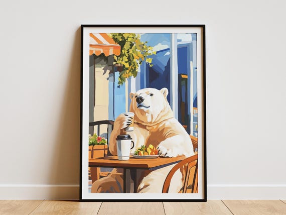 Polar Bear Cafe Poster Quirky Animal Print Coffee Lover Gift Whimsical Wall Art Cozy Scene Contemporary Home Decor