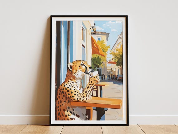 Cheetah Cafe Art Print Animal Lover Gift Coffee Shop Poster Whimsical Wall Decor Modern Society Funny Home