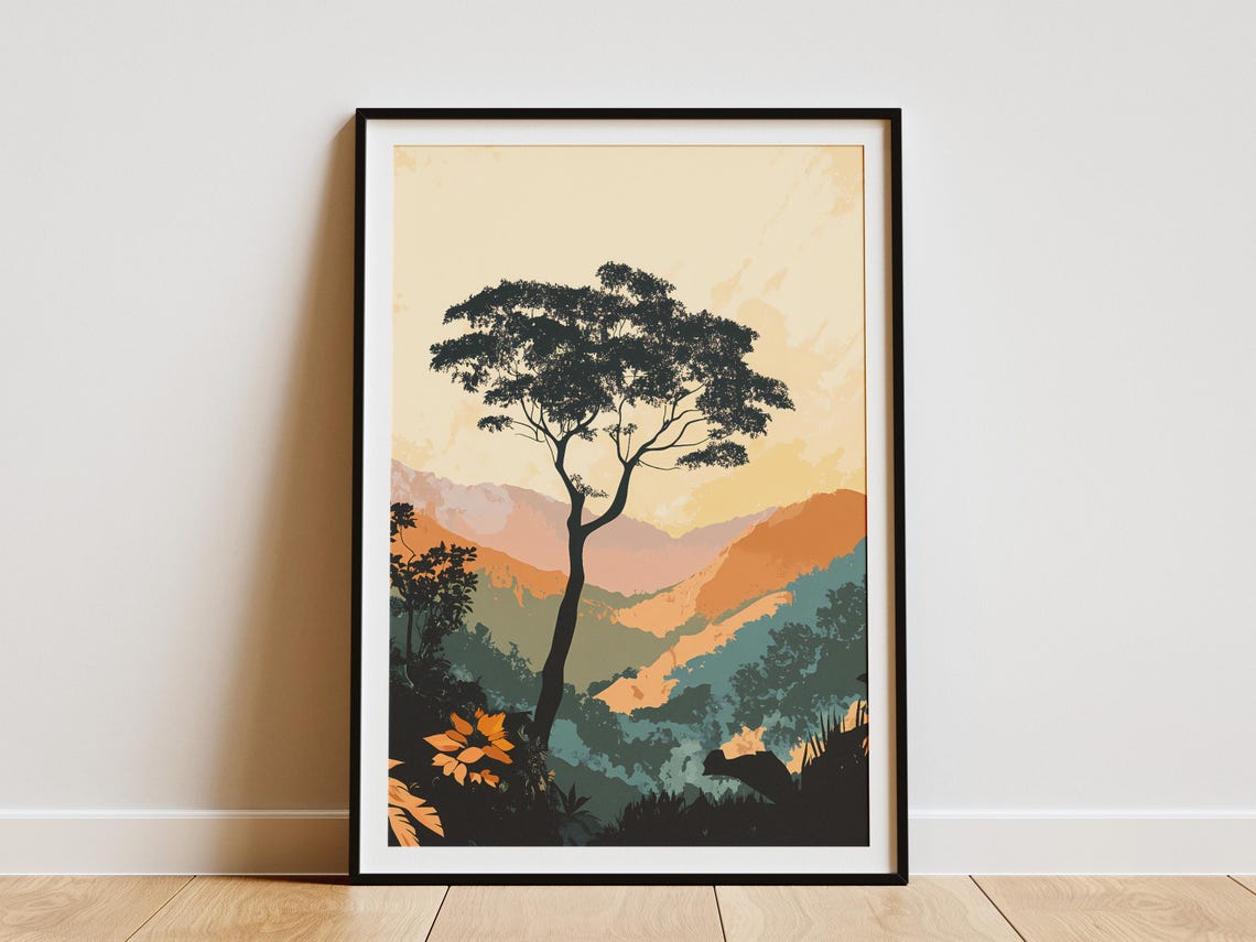 Lone Tree Silhouette Against The Sunset Mountains Travel Poster
