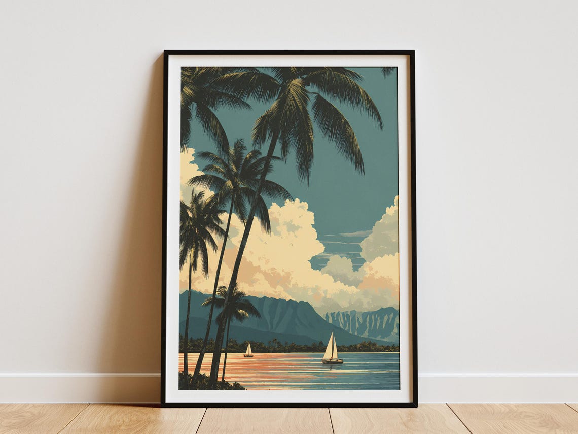 Hawaiian Beach Sunset Palm Trees Sailboats And Mountain Coast Poster
