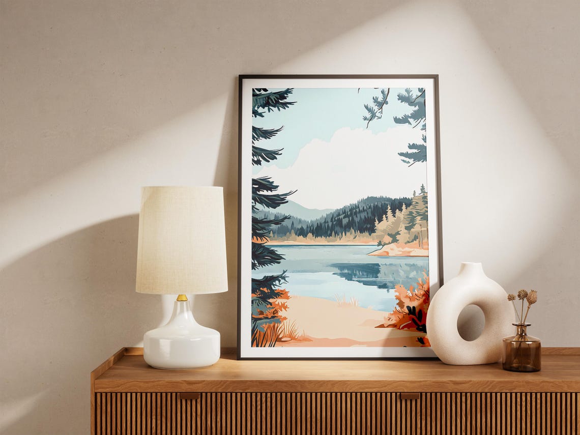 Autumn Lakeshore Pine Branches Mountain View Landscape Poster - Image 5