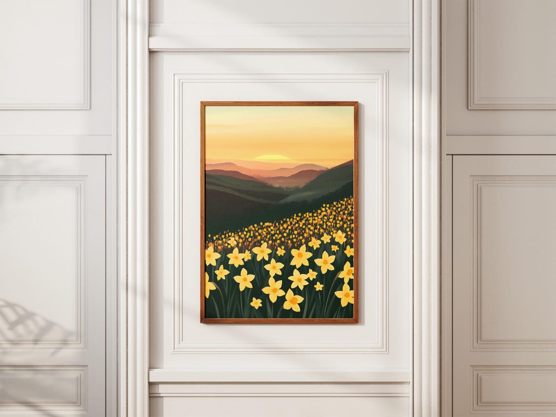 Yellow Daffodil Hillside Meadow at Golden Sunset Nature Art Poster - Image 2