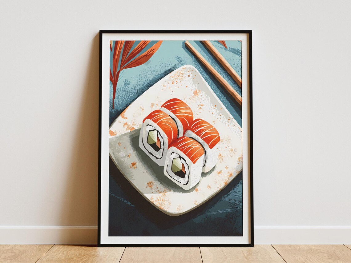 Salmon Sushi Rolls Japanese Food Flat Lay Illustration Poster
