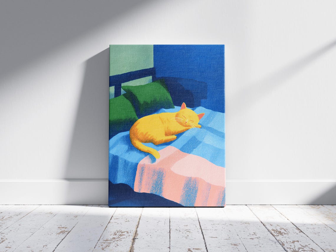 Yellow Cat Sleeping in Bed Blue Blanket Matisse Style Cat Poster - Image 2